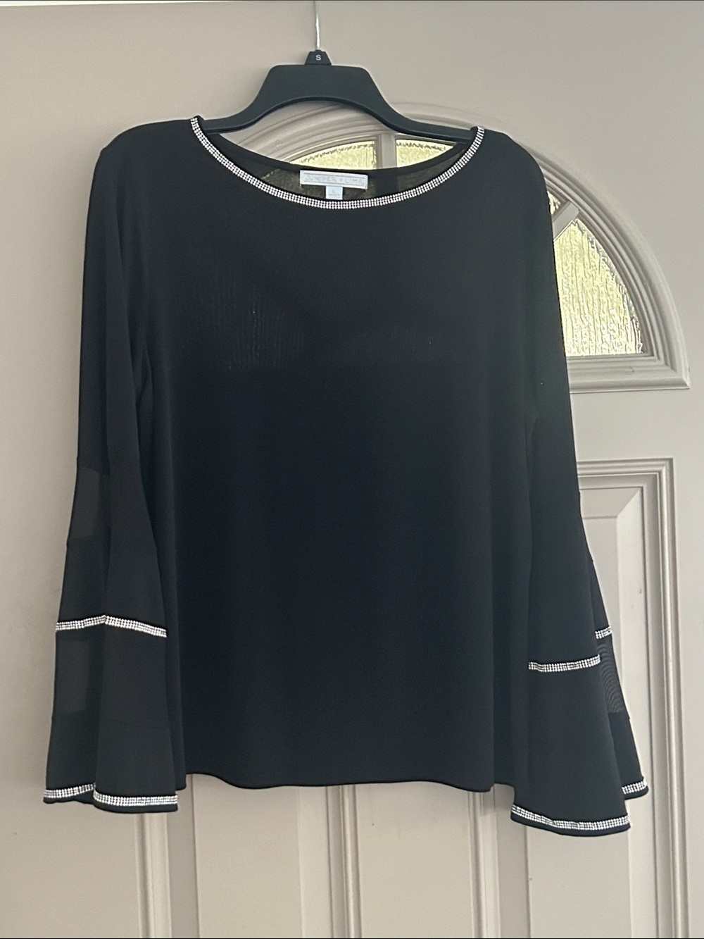 Women's Black Long Sleeve Top with Rhinestone Trim Collar & Flared  Sleeves